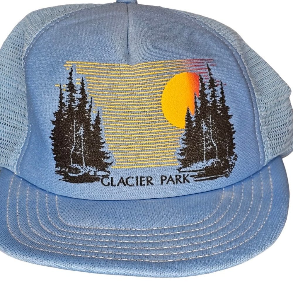 80s Glacier National Park‎ Foam Trucker Hat Nature Montana Snapback USA Blue